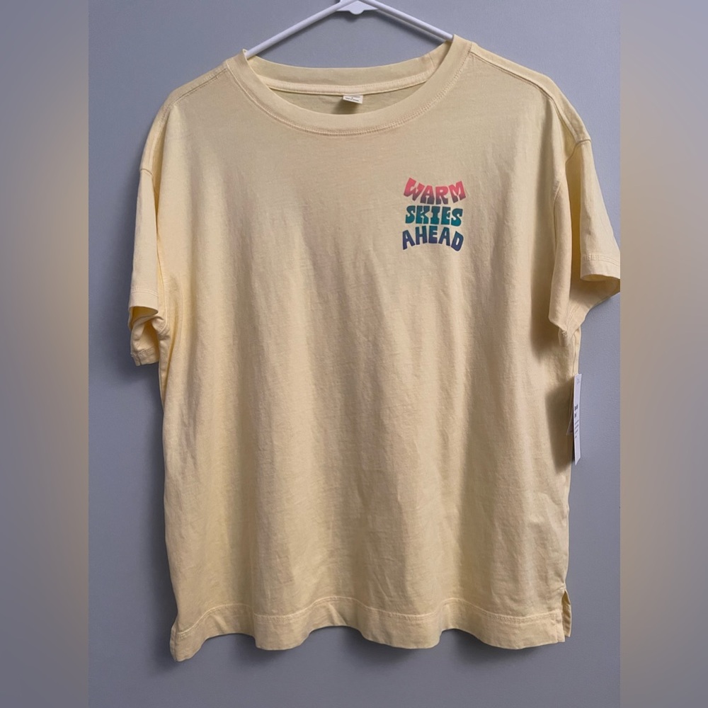 Old navy yellow t-shirt, “Warm skies ahead”